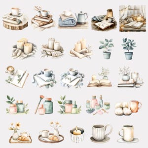 Clipart images of: books, tea, coffee, lanterns, candles, plants, journals, self-care skin care products, slippers, breakfast trays, and mugs.