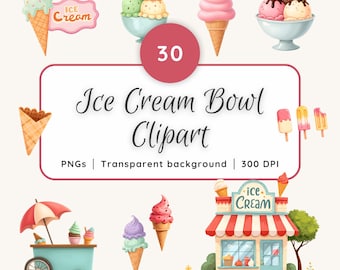 Ice Cream Bowl Clipart, Pastel Ice Cream Cone PNG, Ice Cream Truck, Ice Cream Shop, Ice Cream Cart, Popsicle, Milkshake, Dessert Graphics