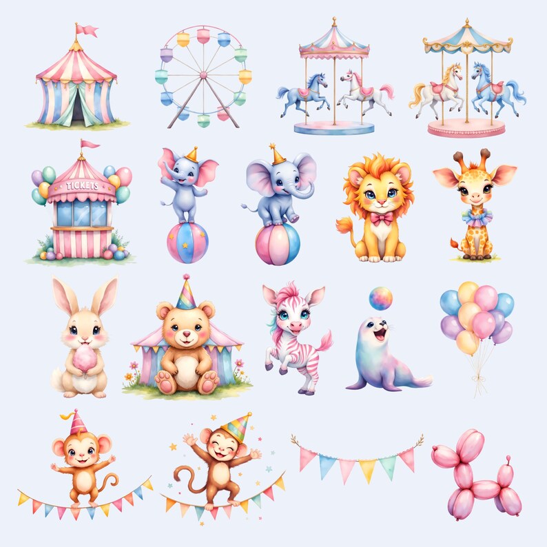 Pastel Circus Tent Clipart Set | Watercolor Circus Animals PNG ...
