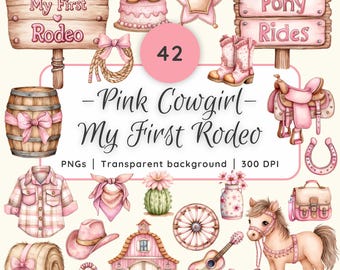 Pink Storybook Pastel First Rodeo Girl Clipart | Pink Cowgirl Clipart | My First Rodeo Birthday Girl Western | 1st Rodeo Party Sublimation