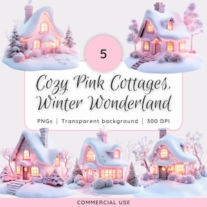 Cozy Cottages: Pink Winter Wonderland Digital Clipart, Cozy Winter Cottages Hygge Clip Art, Snowy Scene PNGs for Festive Holiday Art