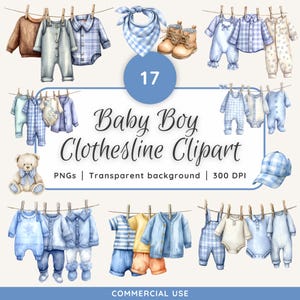 Puede incluir: Conjunto de imágenes prediseñadas de acuarela con ropa de bebé niño, que incluye monos, camisas y un gorro, todo en tonos azules y beige. La imagen incluye un osito de peluche y una bandana azul. El texto dice "Baby Boy Clothesline Clipart".