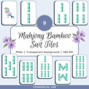 May include: Nine watercolor illustrations of Mahjong bamboo tiles. Each tile features a different number of bamboo sticks, ranging from one to nine. The tiles are on a white background with a light blue border.