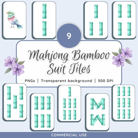 Watercolor Mahjong Clipart Bamboo Suit Tiles, PNG Mahjong Art Tile Set, Mahjong Sublimation Graphics, Mahjong Printable for Crafts and Gifts