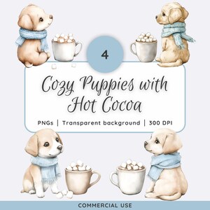 ホットココアを持つ犬のクリップアート - 水彩画の冬の子犬アートセット、マシュマロホットチョコPNG、ヒュッゲな季節のデザインのための甘い子犬のクリップアート
