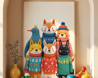 3D Animal Friends Printable Wall Decor, Cute Nursery Art, Kids Room Animal Poster, Playful Woodland Creatures Print, Bright Playroom Decor