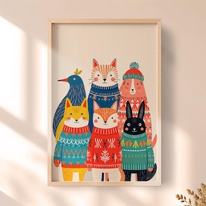 Animal Friends Printable Wall Decor, Cute Nursery Art, Kids Room Animal Poster, Playful Woodland Creatures Print, Bright Playroom Decor
