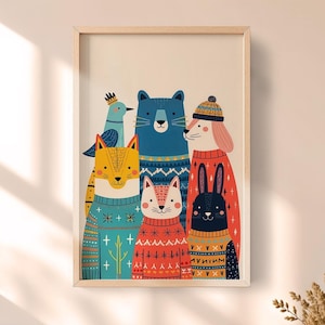 Colorful Animal Friends Printable Wall Art, Cute Nursery Decor, Kids Room Animal Poster, Playful Woodland Creatures Print, Baby Gift Idea
