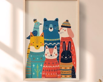 Colorful Animal Friends Printable Wall Art, Cute Nursery Decor, Kids Room Animal Poster, Playful Woodland Creatures Print, Baby Gift Idea