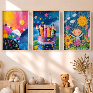 Lebendiges Poster Set von 3, Kinderzimmer Wandkunst, Märchenhafte Kinderzimmer Dekoration, Spielzimmer Kunstdrucke, Fröhliche Raumdekoration, Bunte Wandposter