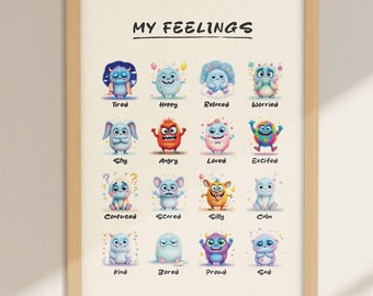 Emotions Art Poster for Kids - Cute Cartoon Characters Showing Feelings - Educational Wall Art for Playroom, Classroom, or Nursery