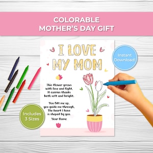 Biglietto da colorare per la festa della mamma, stampabile per bambini, poesia floreale come ricordo, regalo per la mamma da parte del bambino, lavoretto fai da te premuroso, download immediato