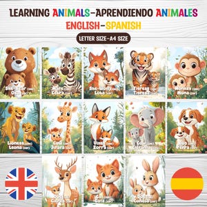 Bilingual Animal Flashcards English Spanish, Kids Learning Animals Printable, Educational Woodland Safari Zoo Animals Poster, A4 Letter Size