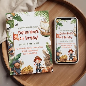 Invitación de cumpleaños pirata editable para niños, plantilla de invitación a fiesta pirata "Ahoy Matey", tema de mapa del tesoro, descarga digital para niños