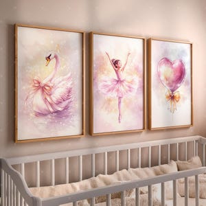 Ballerina Girl Wall Art Set, Swan Princess Nursery Prints, Heart Balloon Pink Room Decor, Ballet Themed Girl Bedroom, Digital Download