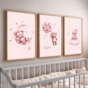 Rosa Teddybär Kinderzimmer Wand Kunst 3er-Set, Aquarell Baby Mädchen Zimmer Drucke, Mond Stern Wolke Bär Poster, niedlich digitaler Download für Kinder