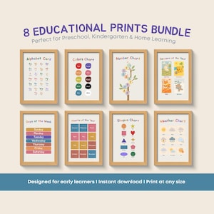8 pôsteres educacionais para impressão para pré-escola, conjunto de gráficos de alfabeto, números, formas e cores, arte de parede para sala de crianças ou sala de jogos em tons neutros para download