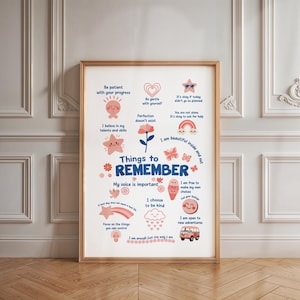 Decoración de pared para consultorio de terapia infantil, póster &quot;Cosas para recordar&quot;, afirmaciones de Nursert, rincón relajante, orientación escolar, descarga digital
