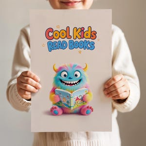 Cool Kids Read Books Poster, Rainbow Monster Reading Wall Art For Playroom Or Classroom, Fun Educational Digital Print, Book Nook Decor