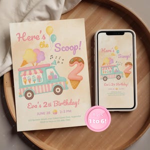Voici la boule d'invitation d'anniversaire de crème glacée pour les filles, carte de fête rose menthe modifiable pour les 1 à 6 ans, modèle imprimable à téléchargement immédiat