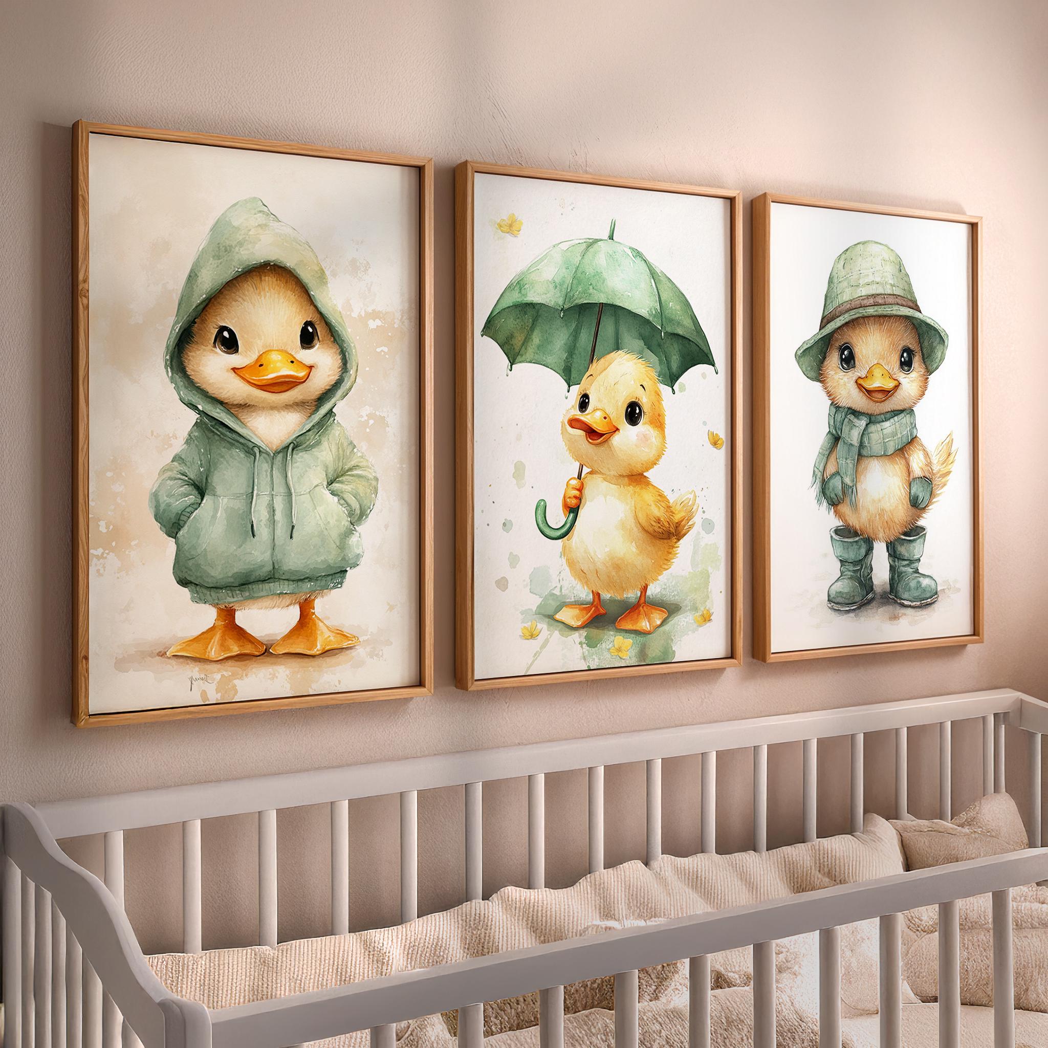 Cute Baby Duck Nursery Wall Art, Watercolor Duckling Poster Set, Woodland Animal Prints, Gender Neutral Baby Room Decor, Kids Room Wall Art