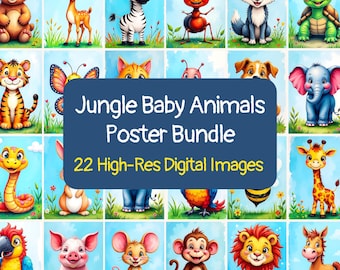 Jungle Baby Animals Poster Bundle, 22 Cute Safari Animal Prints For Nursery Wall Art Or Kids Room Decor, Digital Download Art Set