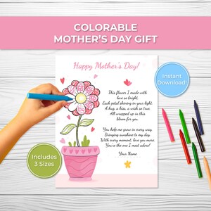 Tarjeta para colorear imprimible para el Día de la Madre para niños, poema floral de recuerdo, regalo para mamá de un niño, manualidad DIY conmovedora, descarga instantánea