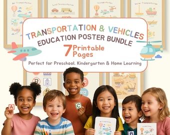 Kids Transportation Poster Set, Educational Vehicle Alphabet Print For Toddlers, Boys Nursery Decor, Homeschool Classroom Wall Art Bundle