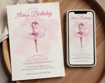 Ballerina Birthday Invitation, Pink Ballet Party Invite, Editable Girl Birthday Template, Tutu Cute Printable Card, Canva Digital Download