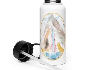 Watercolor Mountain Water Bottle – White Stainless Steel Bottle with Straw – Outdoor Adventure Hydration