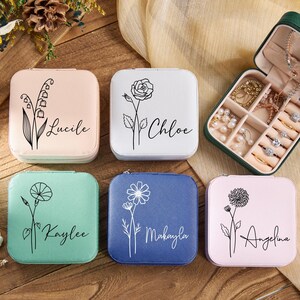 Geboortebloem gepersonaliseerde sieraden reisetui, reissieradendoos, geschenkdoos bruiloft bruidsmeisje Moederdagcadeau voor haar Bruidsfeestcadeaus