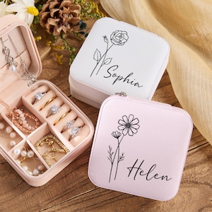 Birth Flower Personalized Jewelry Travel Case,Travel jewelry box, Wedding Bridesmaid gifts box Mother's day gift for her Valentine's Gift