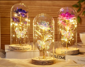 Regalos de rosas galácticas, luz nocturna personalizada de rosas galácticas, elegante rosa eterna bajo una cúpula de cristal, regalos para el Día de la Madre, regalos de aniversario.