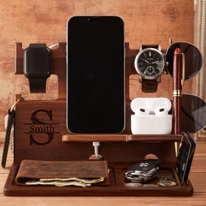 Wood Docking Station,Valentines Day Gift,Mens Gift,Engraved Desk Organizer for Men,Personalized Gift for Husband,Gifts for Him Boyfriend