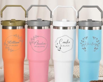 Vaso personalizado de 30 oz con grabado láser, taza de viaje personalizada con asa abatible y pajita, regalo de boda o cumpleaños.
