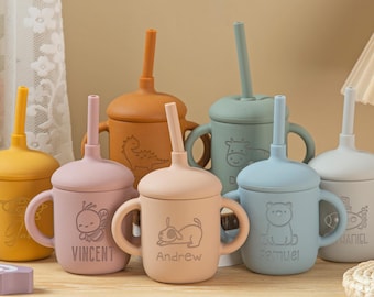 Copo com canudo personalizado, copo de treinamento personalizado para bebês, copo de silicone para bebês, presente de 1º aniversário personalizado, etiquetas com nome para copos gravadas