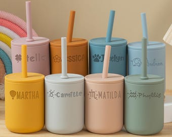 Vaso de silicona personalizado para bebé con nombre, vaso grabado de 7 oz, vaso de entrenamiento con pajita, vaso para bebé, regalos personalizados para bebé, regalo para niña.