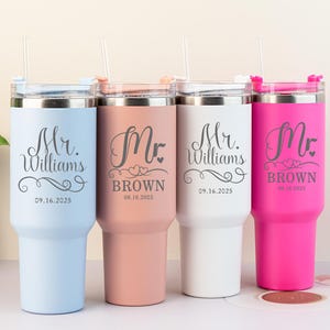 Personalized 40oz Tumbler with Handle & Straw,Bride and Groom Travel Mug,Mr and Mrs Tumbler,Engagement Gift,Wedding Party,Honeymoon Present
