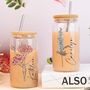 Personalised Birth Flower Tumbler with Name,Custom Glass Coffee Cup,Gifts for Her,Graduation Gift,Mother&#39;s Day Gift,Bridesmaid Proposal Gift