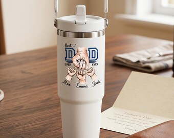 Bicchiere termico personalizzato da 30 oz con scritta "Pugno del papà", regalo personalizzato con i nomi dei bambini per il papà, bicchiere termico "Il miglior papà di sempre", regalo per la festa del papà, bicchiere termico coordinato papà-figli