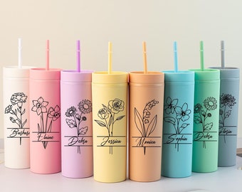 Vaso delgado personalizado con flor de nacimiento, vaso personalizado para dama de honor con pajita, para despedida de soltera, para playa, para novia, regalo de boda.