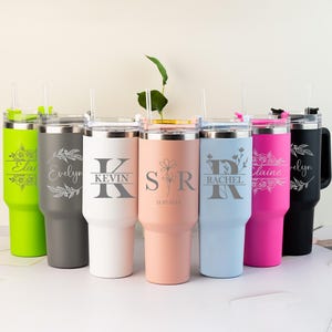 Personalised 40oz Tumbler with Handle & Straw,Custom Name Flower initial Tumbler,Laser Engraved Stainless Steel Tumbler,Travel Birthday Gift