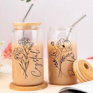 Personalised Birth Flower Glass Tumbler,Custom Can Glass with Lid and Straw,Iced Coffee Cup,Bridesmaid Proposal,Wedding Gift,Bachelorette