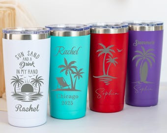 Personalised 20oz Vacation Tumbler,Girls Trip Mug,Stainless Steel Name Tumbler with Straw,Custom Travel Mug,Laser Engraved Cup,Beach Tumbler