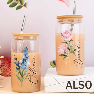 Personalized Birth Flower Glass Tumbler,Custom Glass Coffee Cup,Gift for Her,Birth Flower Gift for Mom,Bridesmaid Proposal Gift,Wedding Gift