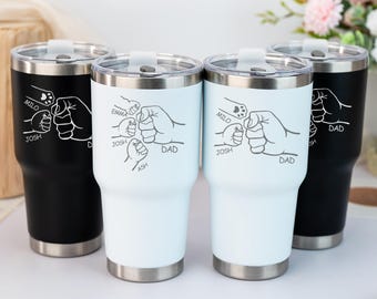 Custom Fathers day gifts for Dad,Dad Fist Bump Kids Names Tumbler,Tumbler Laser Engraved 30oz Stainless Steel Cup,Personalised Tumbler