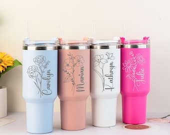 Custom Tumbler with Birthflower, Engraved Tumblers with Name, Personalized Tumbler With Straw, Insulated Travel Mug, Birthday Gifts for Mom