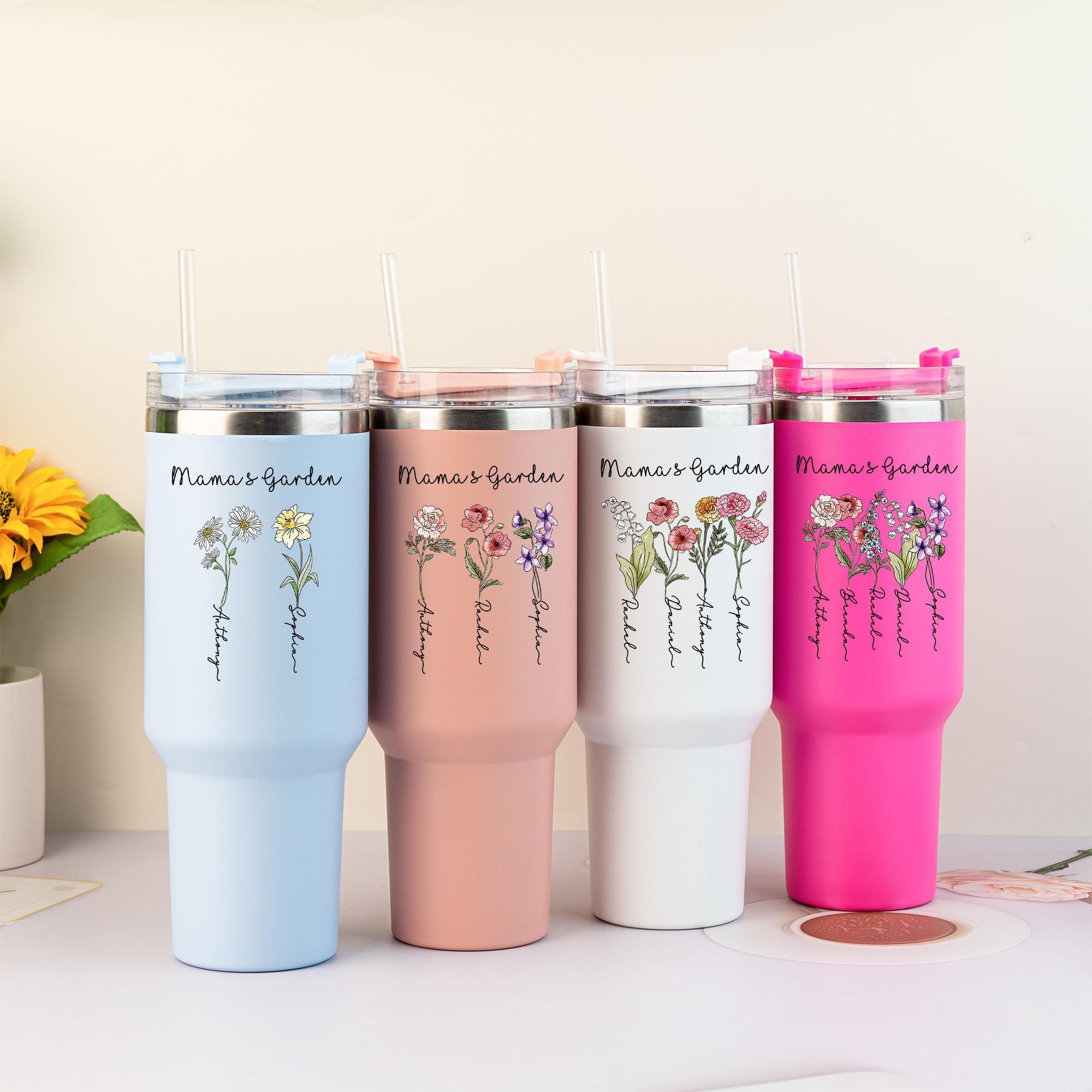 Personalized Mama's Garden 40oz Tumbler, Birth Flower with Kid's Names Mom Tumbler, Gift for Mother, Mother's Day Tumbler, Custom Mom Gifts