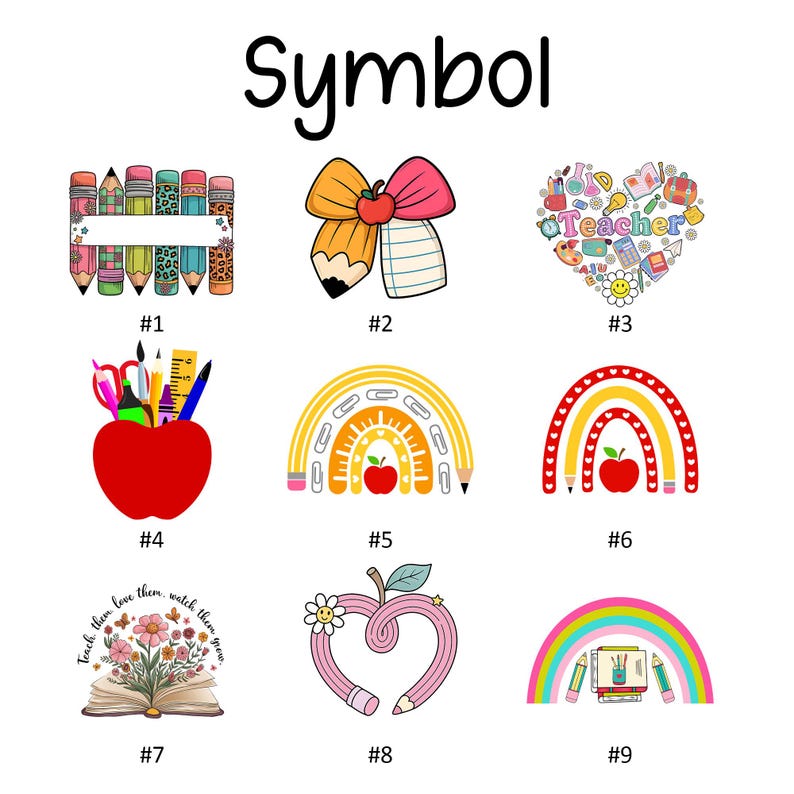 Pu&ograve; includere: Una collezione di illustrazioni colorate a tema insegnante. I disegni includono matite, mele, arcobaleni e cuori. La parola "Symbol" &egrave; in alto. Ogni disegno &egrave; numerato. Ideale per l'arredamento della classe o per i regali agli insegnanti.