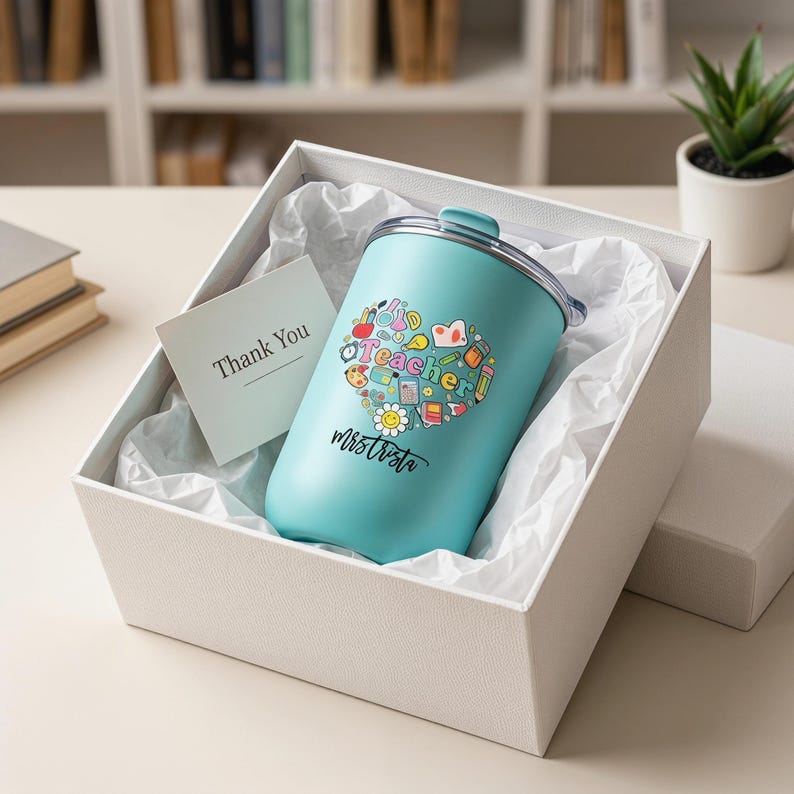 Pu&ograve; includere: Un bicchiere termico turchese con un design a forma di cuore con icone scolastiche e la scritta "Hello Teacher Mrs. Trista". Il bicchiere &egrave; in una confezione regalo bianca con un biglietto "Thank You".